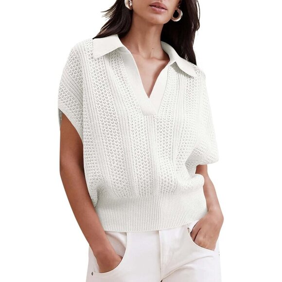 Tops - Crochet Top Womens Summer Short Sleeve V Neck Collared Sweater White M